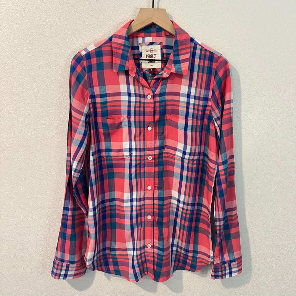 SO Perfect Shirt Pink &‎ Blue Plaid Soft Rayon Relaxed Fit Button Front Size M